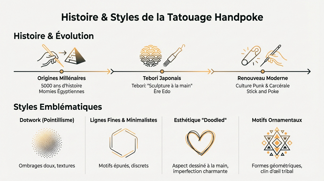 Tatouage handpoke traditionnel réalisé point par point à l'encre noire