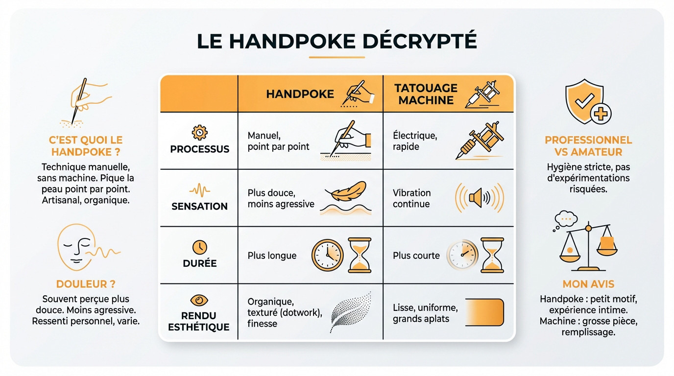 Artiste tatoueur réalisant un tatouage handpoke point par point sur un bras