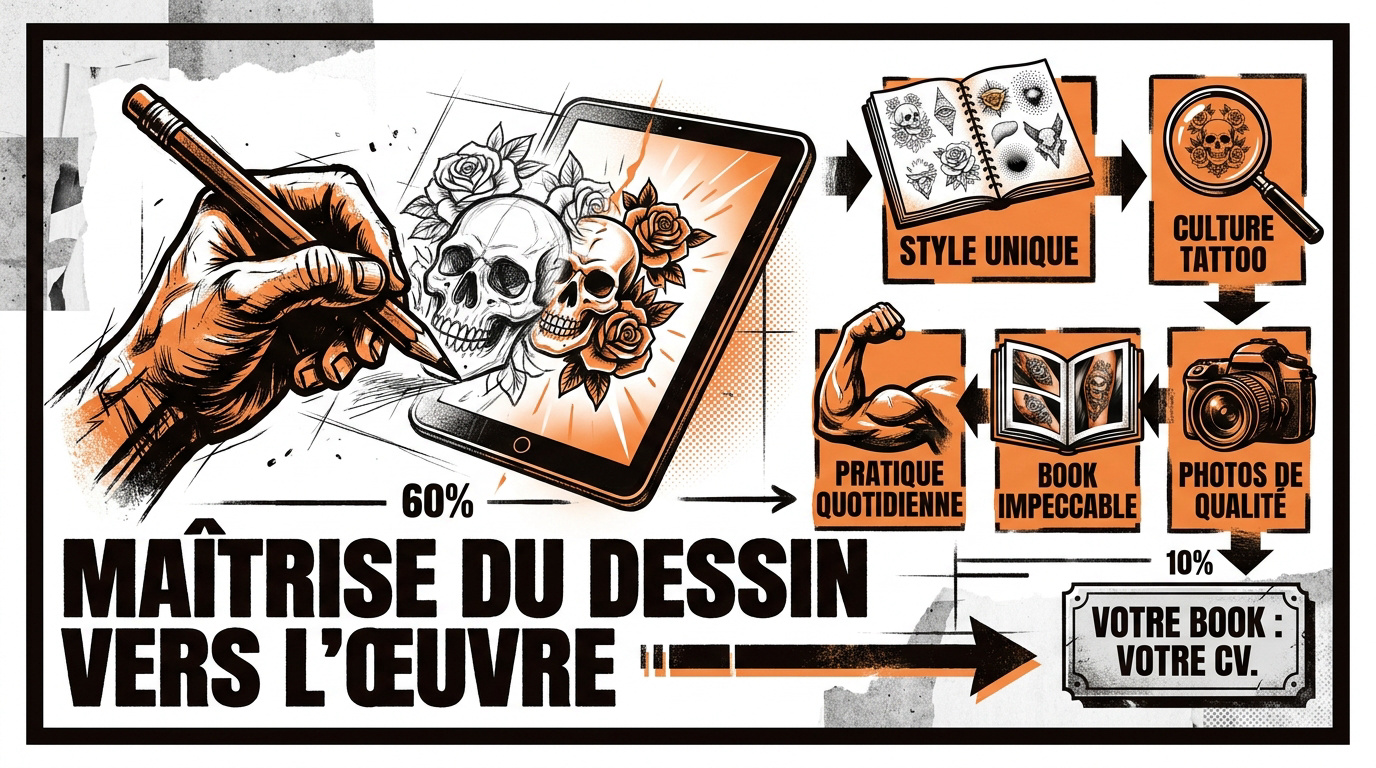 Parcours de l'artiste tatoueur de l'esquisse au portfolio professionnel